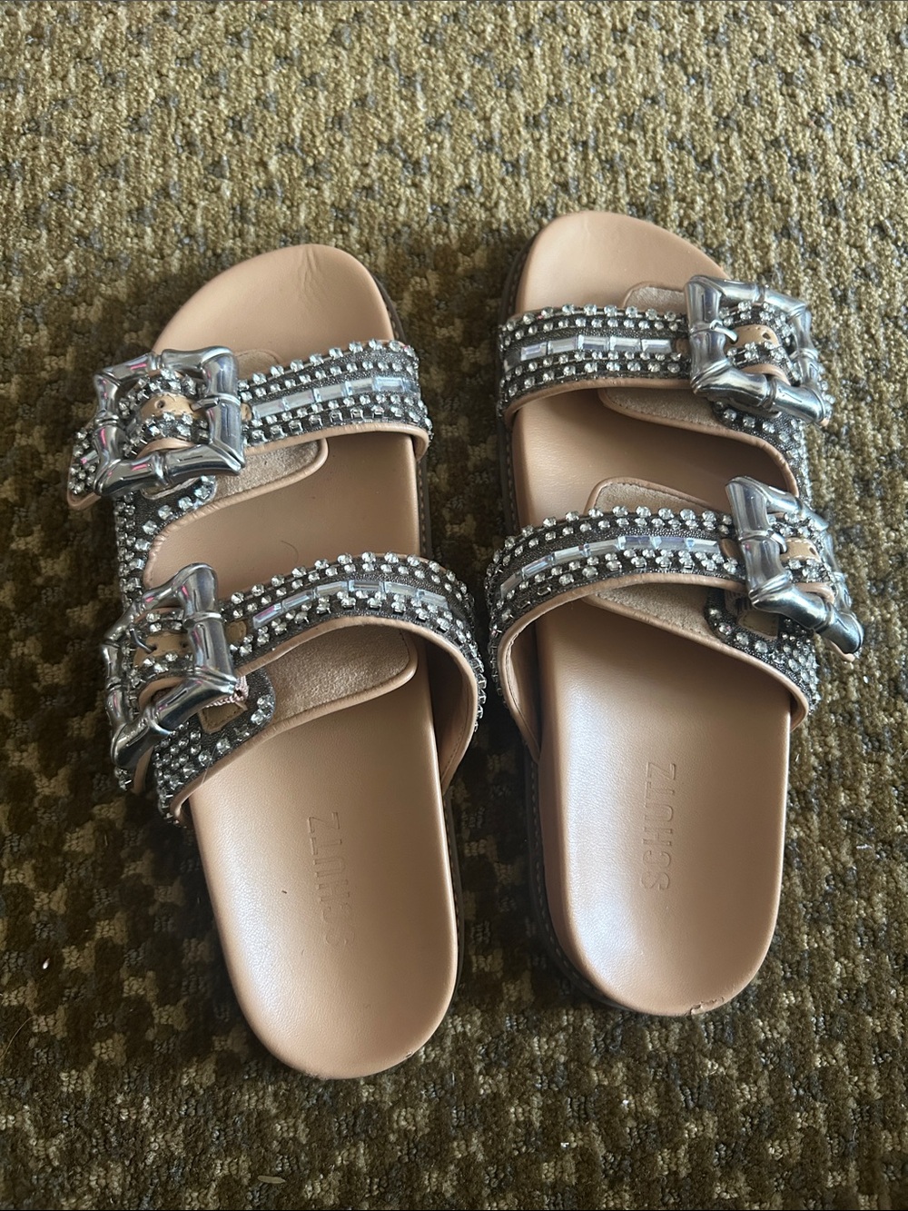 SCHUTZ Beige Slide Sandals with Silver Rhinestone Buckles